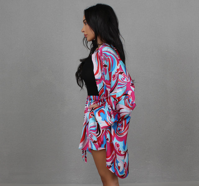 BLUEBERRY SWIRL COLLARLESS OVERSIZED SILK SHIRT