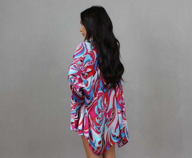 BLUEBERRY SWIRL COLLARLESS OVERSIZED SILK SHIRT