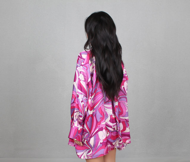 PURPLE BERRY SWIRL COLLARLESS OVERSIZED SILK SHIRT