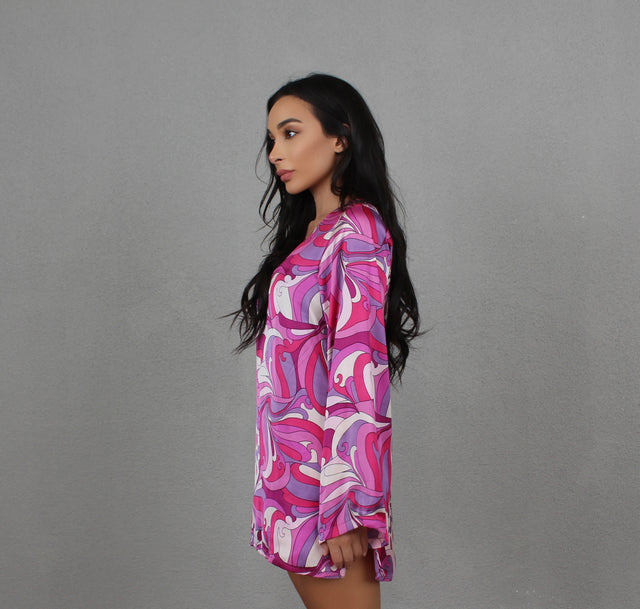 PURPLE BERRY SWIRL SILK MINI DRESS – PETITE-THE-BRAND