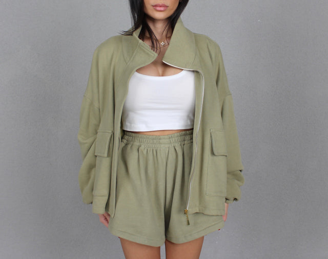 OLIVE GREEN CARGO SWEAT JACKET