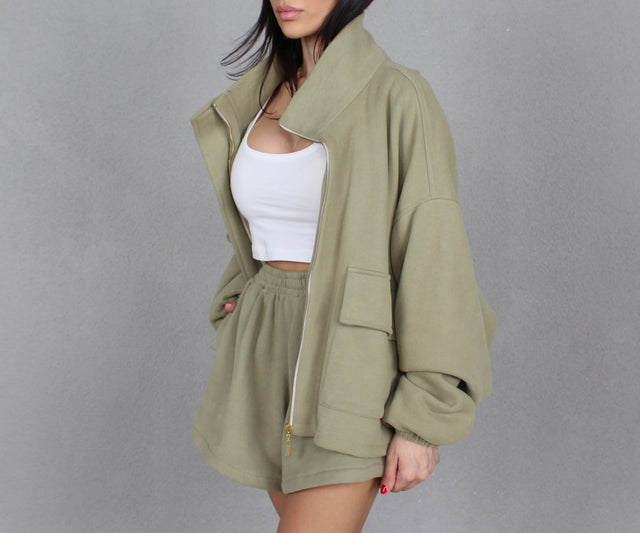 OLIVE GREEN CARGO SWEAT JACKET