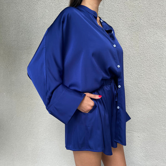 COBALT COLLARLESS OVERSIZED SILK SHIRT