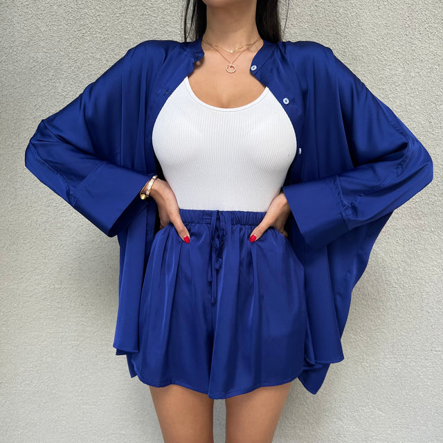 COBALT COLLARLESS OVERSIZED SILK SHIRT