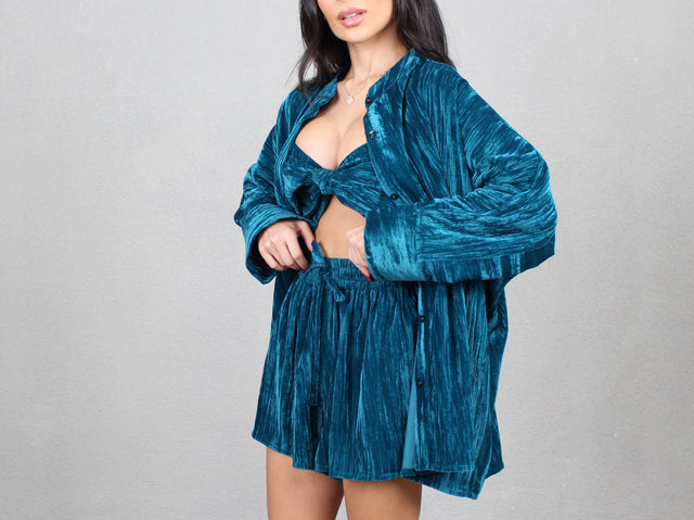 TEAL CRUSHED VELVET OVERSIZED SHIRT