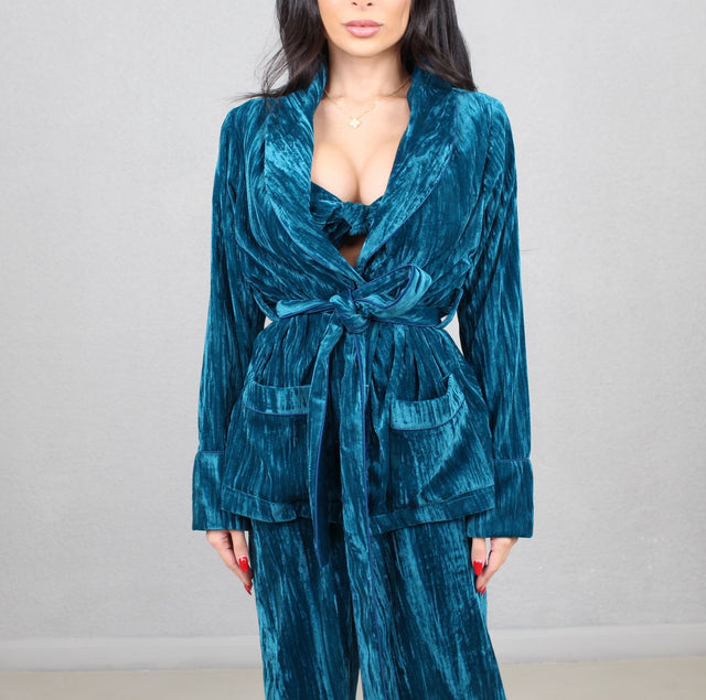 TEAL CRUSHED VELVET SMOKING JACKET