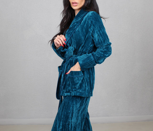 TEAL CRUSHED VELVET SMOKING JACKET