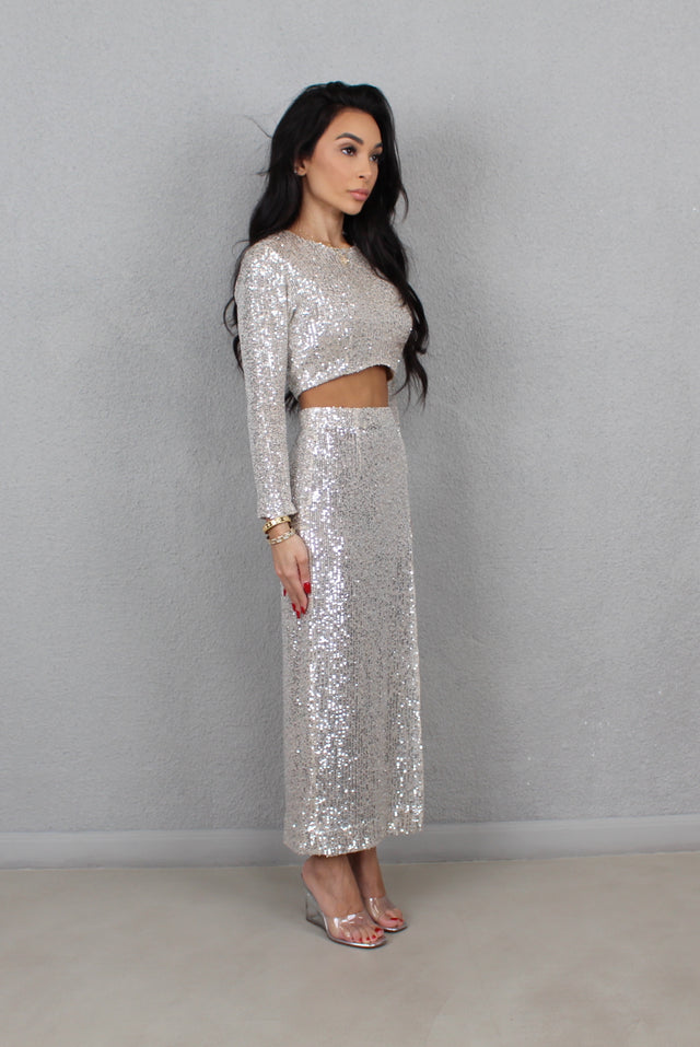 SILVER SEQUIN MIDI SKIRT