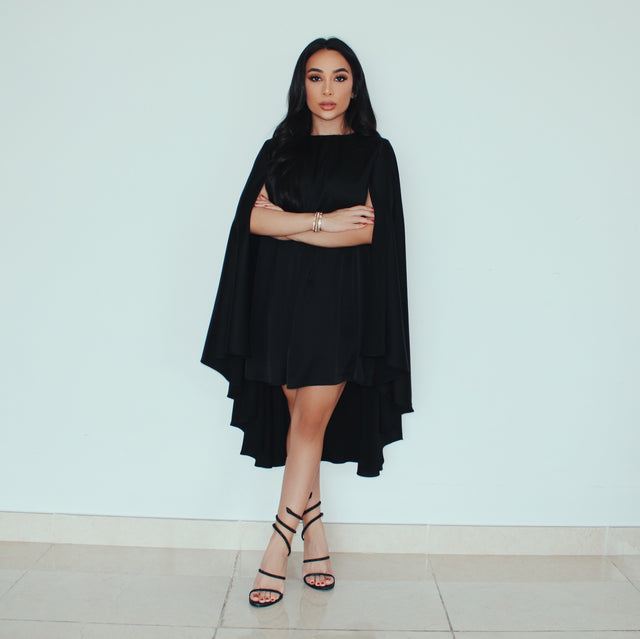 BLACK CAPE MINI DRESS PETITE-THE-BRAND BLACK CAPE MINI DRESS PETITE-THE-BRAND