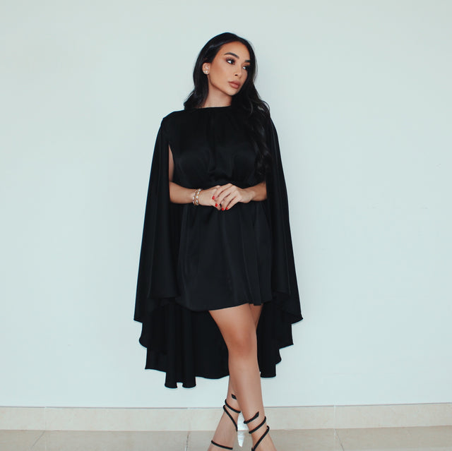 BLACK CAPE MINI DRESS – PETITE-THE-BRAND BLACK CAPE MINI DRESS – PETITE-THE-BRAND