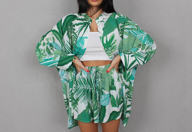 Green Leaf Printed Oversized Shirt