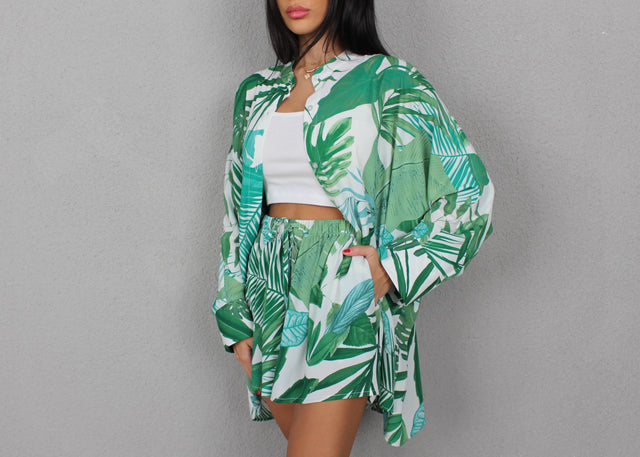 Green Leaf Printed Oversized Shirt