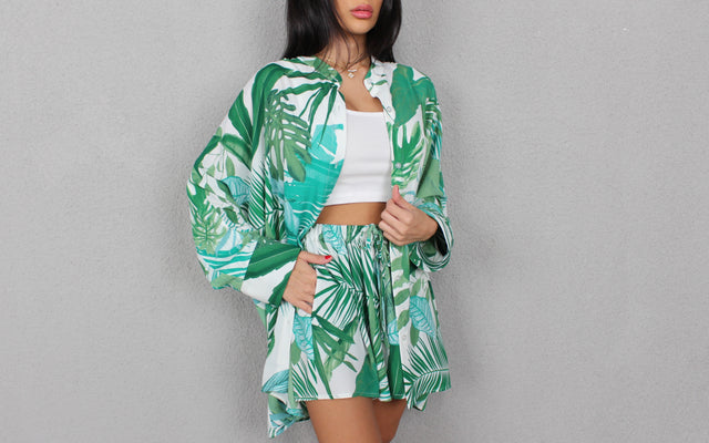 Green Leaf Printed Oversized Shirt