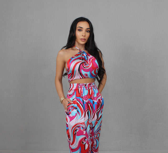 BLUEBERRY SWIRL SILK HALTER NECK TOP