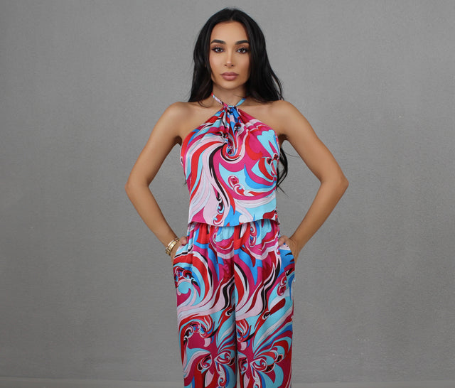 BLUEBERRY SWIRL SILK HALTER NECK TOP