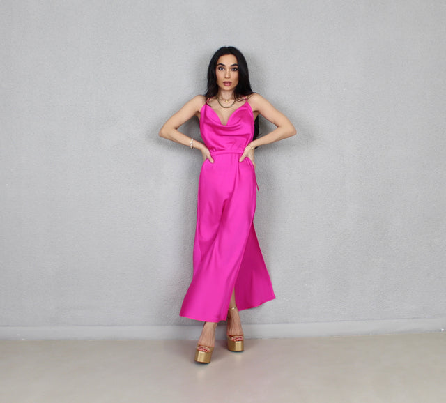 HOT PINK SILK MIDI DRESS