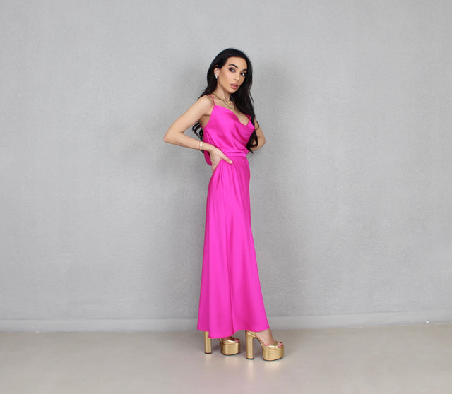 HOT PINK SILK MIDI DRESS