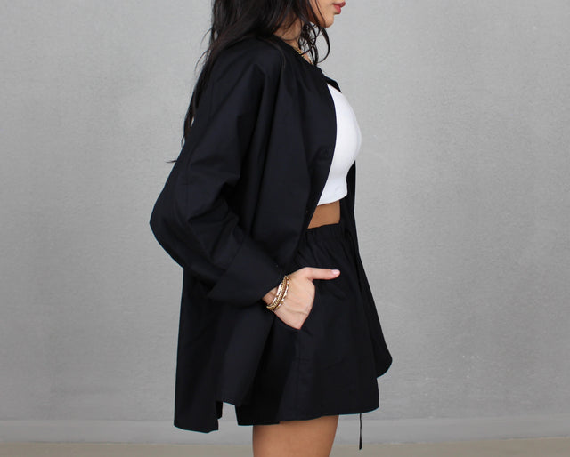 BLACK COTTON COLLARLESS OVERSIZED SHIRT