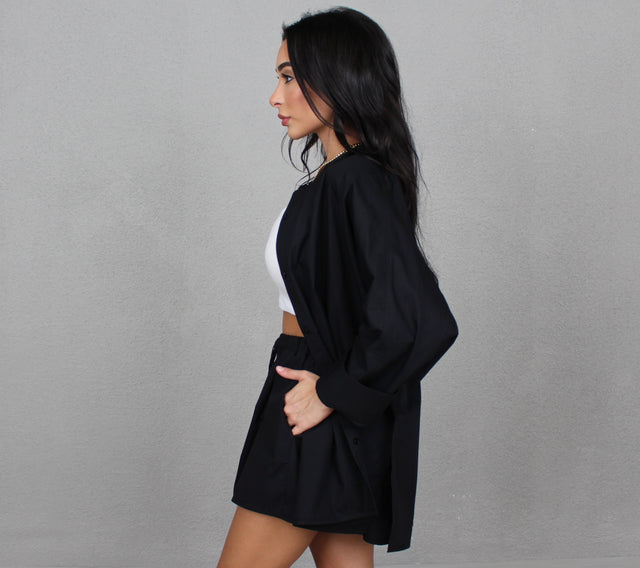 BLACK COTTON COLLARLESS OVERSIZED SHIRT